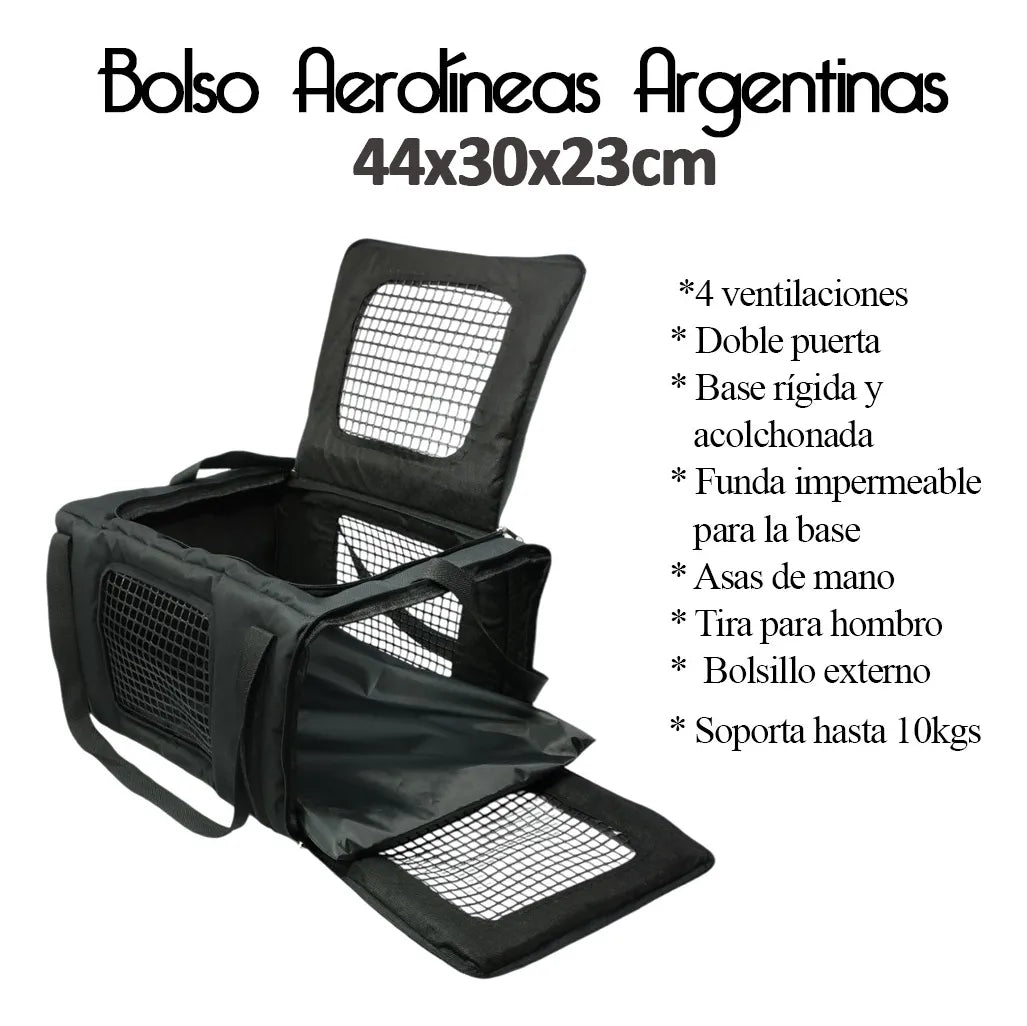 Bolso Transportador 44x30x23 Cabina Avión Aerolíneas Mascota Premium Negro 44x30x23cm