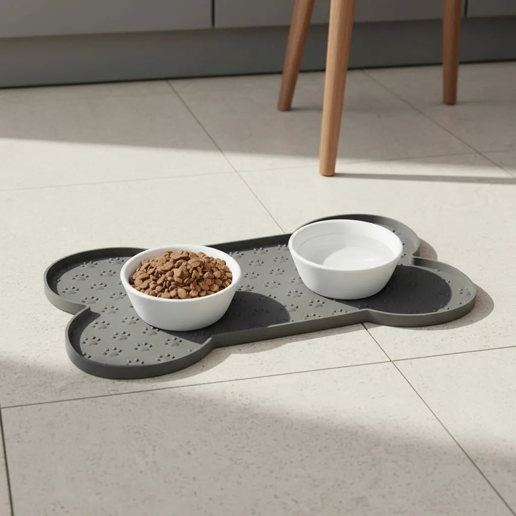 Plato Antideslizante Apoya Comida Y Agua Para Perros Y Gatos Gris Oscuro