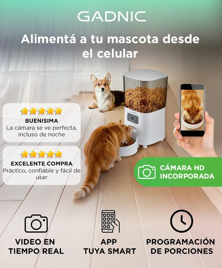 Comedero Para Mascotas Gadnic Automatico Dispenser Alimento 5 Lts Control desde App Acero Inoxidable Conexion Inalambrica Audio Bidireccional