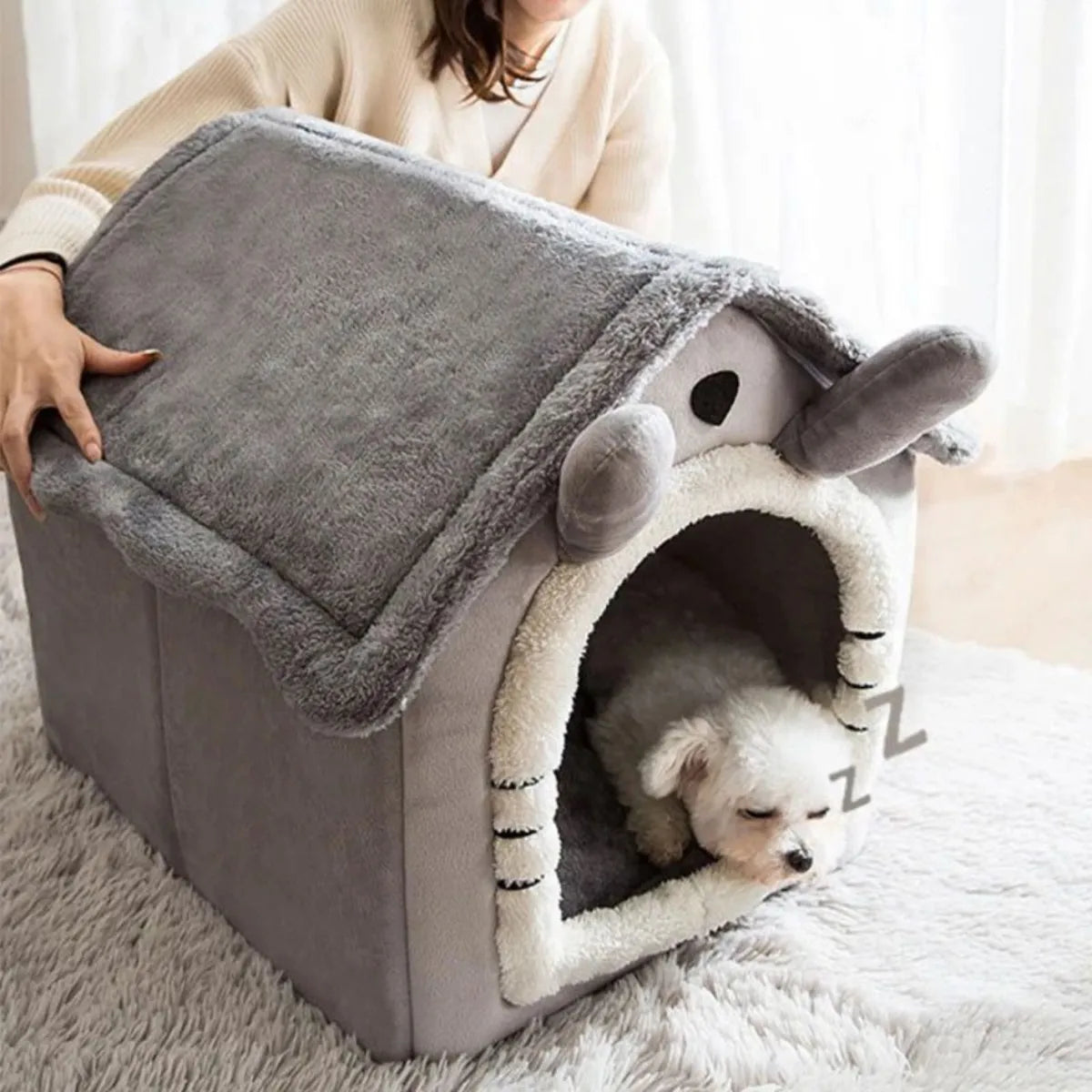 Cucha Cama Casa Para Dormir Plegable Perros Y Gatos Grande Gris