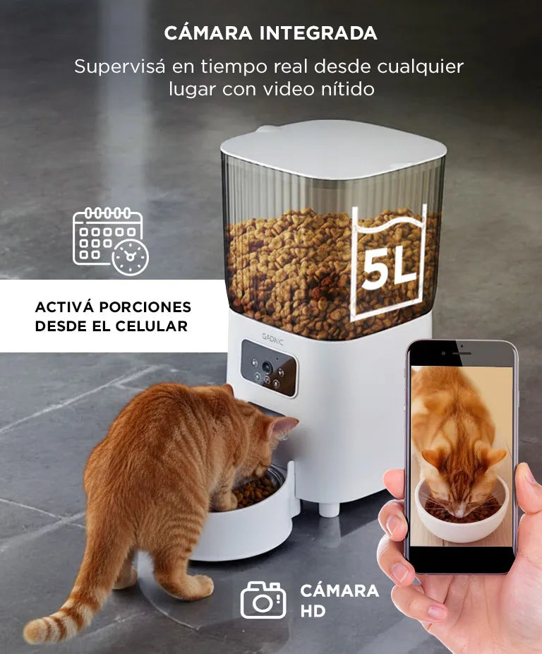 Comedero Para Mascotas Gadnic Automatico Dispenser Alimento 5 Lts Control desde App Acero Inoxidable Conexion Inalambrica Audio Bidireccional