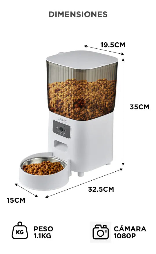 Comedero Para Mascotas Gadnic Automatico Dispenser Alimento 5 Lts Control desde App Acero Inoxidable Conexion Inalambrica Audio Bidireccional