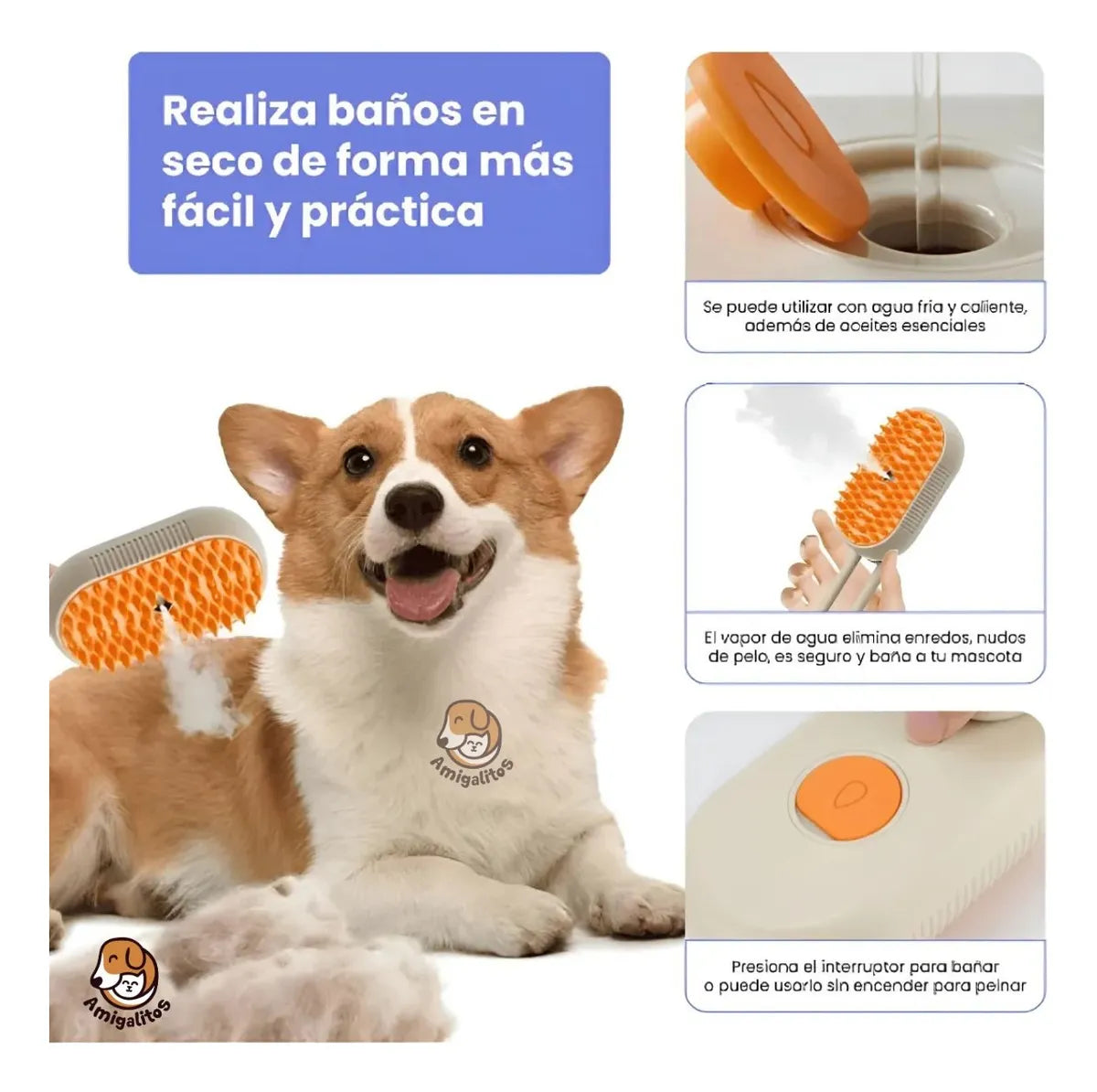 Peine Masajeador Saca Pelos a Vapor Para Cualquier Mascota